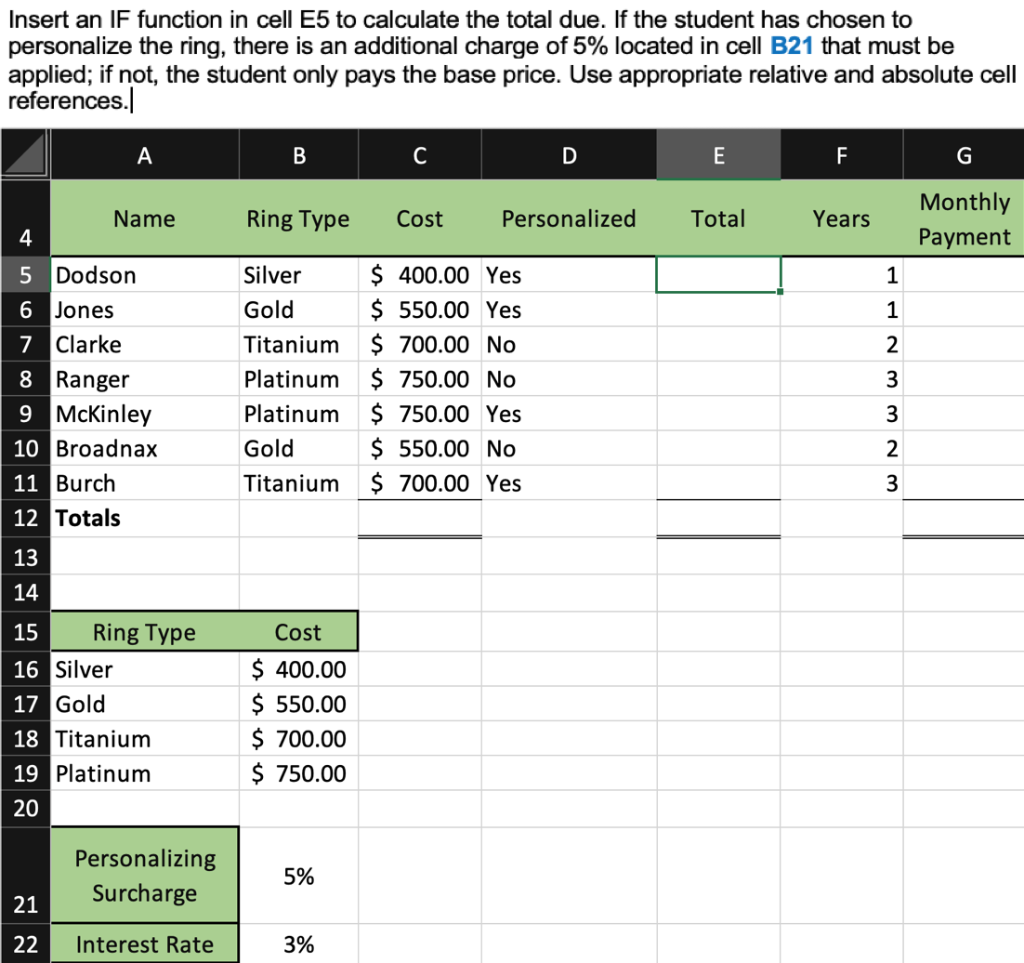  Insert an IF function in cell E5 to calculate the total