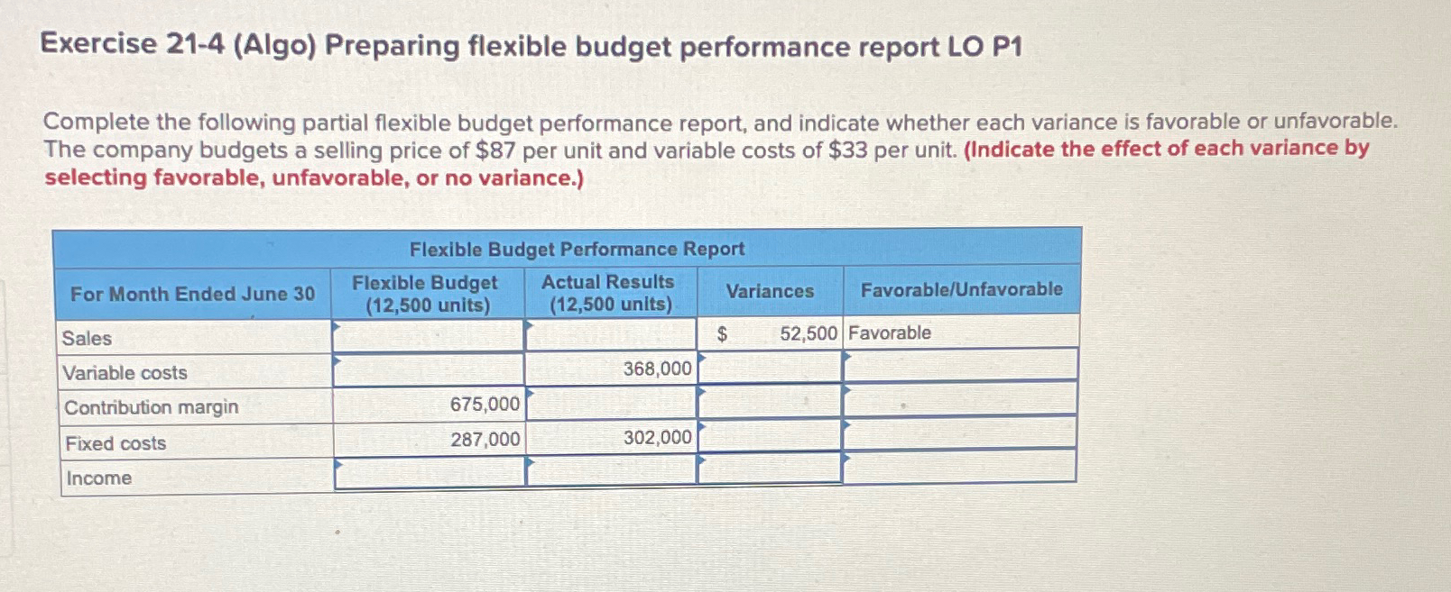 Exercise 21-4(Algo) Preparing flexible budget performance report LO P1 Complete the