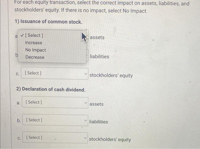  select correct option for all 6 boxes please or each equity