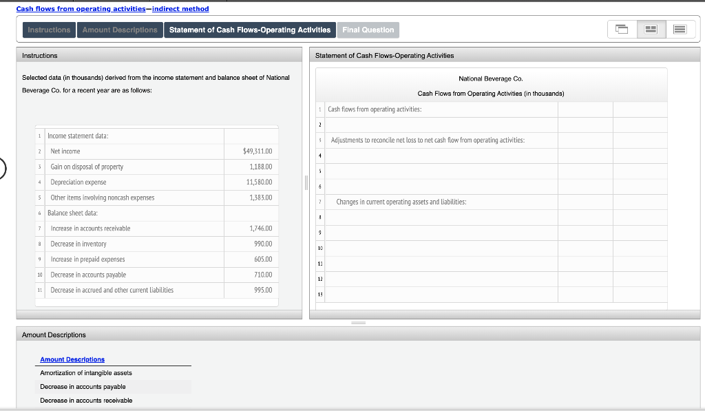  Cash flows from operating activities-indirect method Instructions Amount Descriptions Statement of