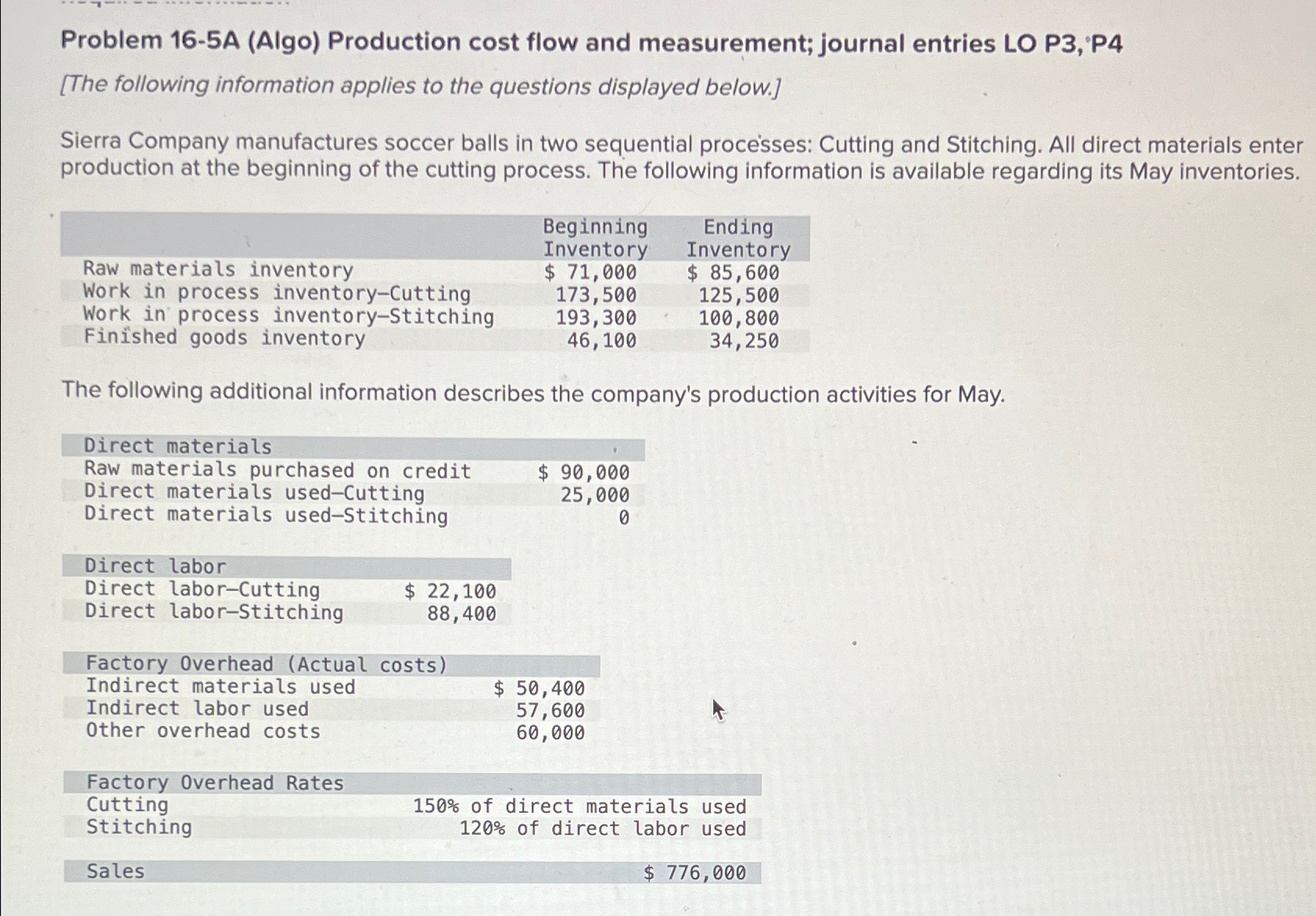  Problem 16-5A (Algo) Production cost flow and measurement; journal entries LO
