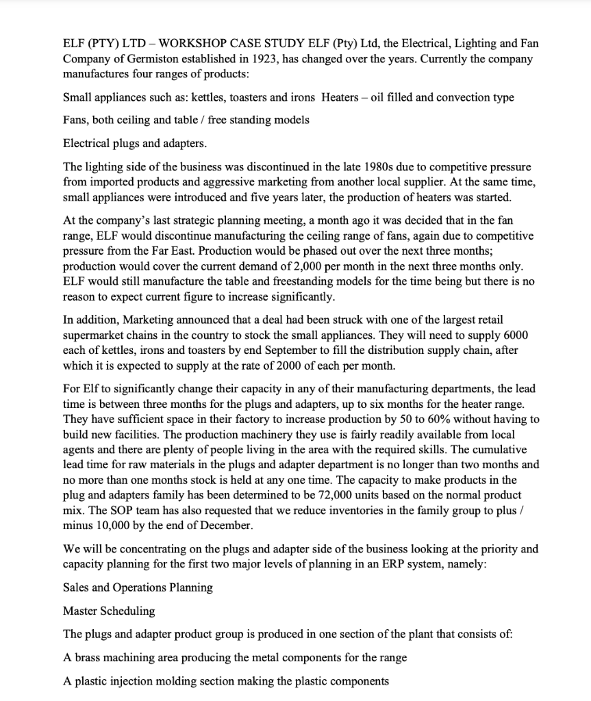 N ELF (PTY) LTD - WORKSHOP CASE STUDY ELF (Pty) Ltd, the