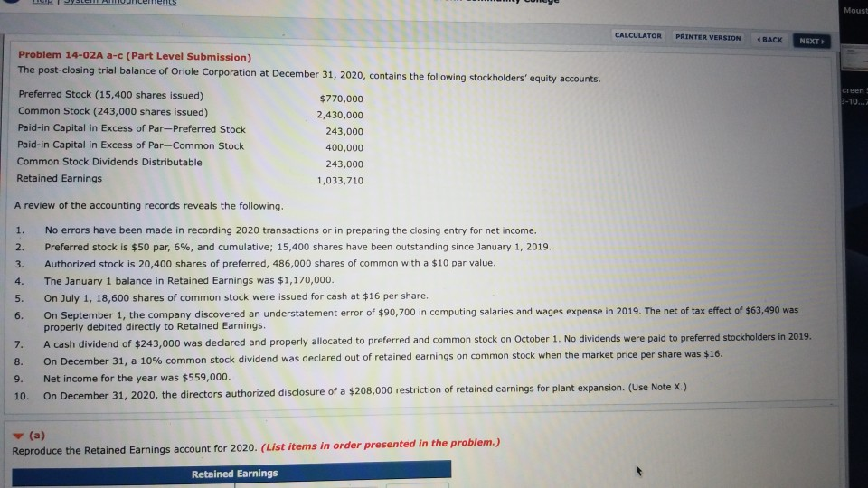 Moust CALCULATOR PRINTER VERSION BACK NEXT Problem 14-02A a-c (Part Level