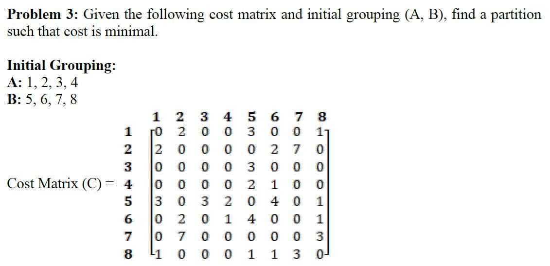 Please show all steps Problem 3: Given the following cost matrix and