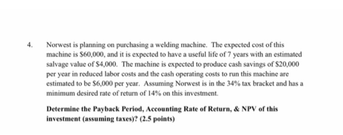  Norwest is planning on purchasing a welding machine. The expected cost