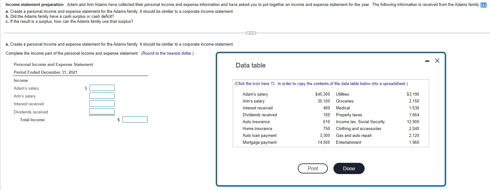  a. Create a personal income and expense statement for the Adams