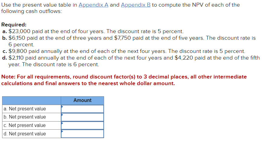 Use the present value table in AppendixA and AppendixB to compute