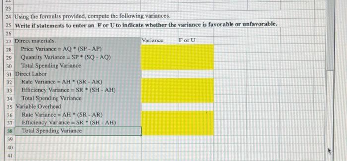 materials, direct labor and variable overhead - Excel INSERT PAGE LAYOUT FORMULAS