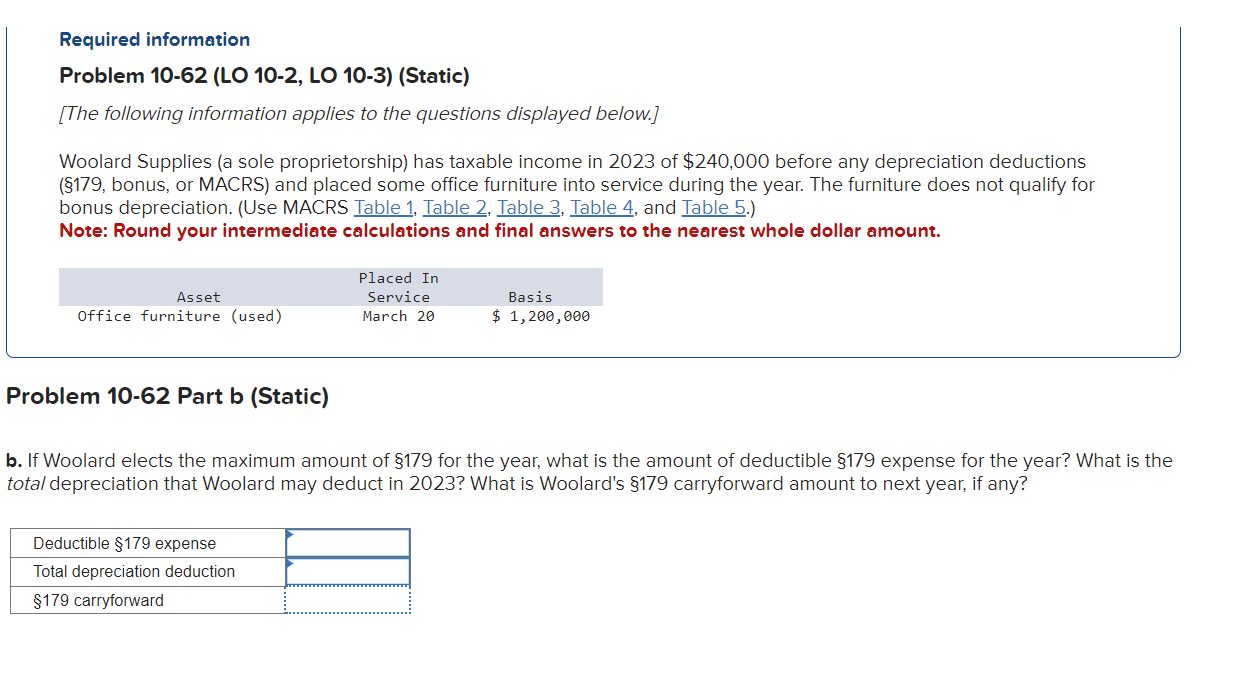  Required information Problem 10-62 (LO 10-2, LO 10-3) (Static) [The following