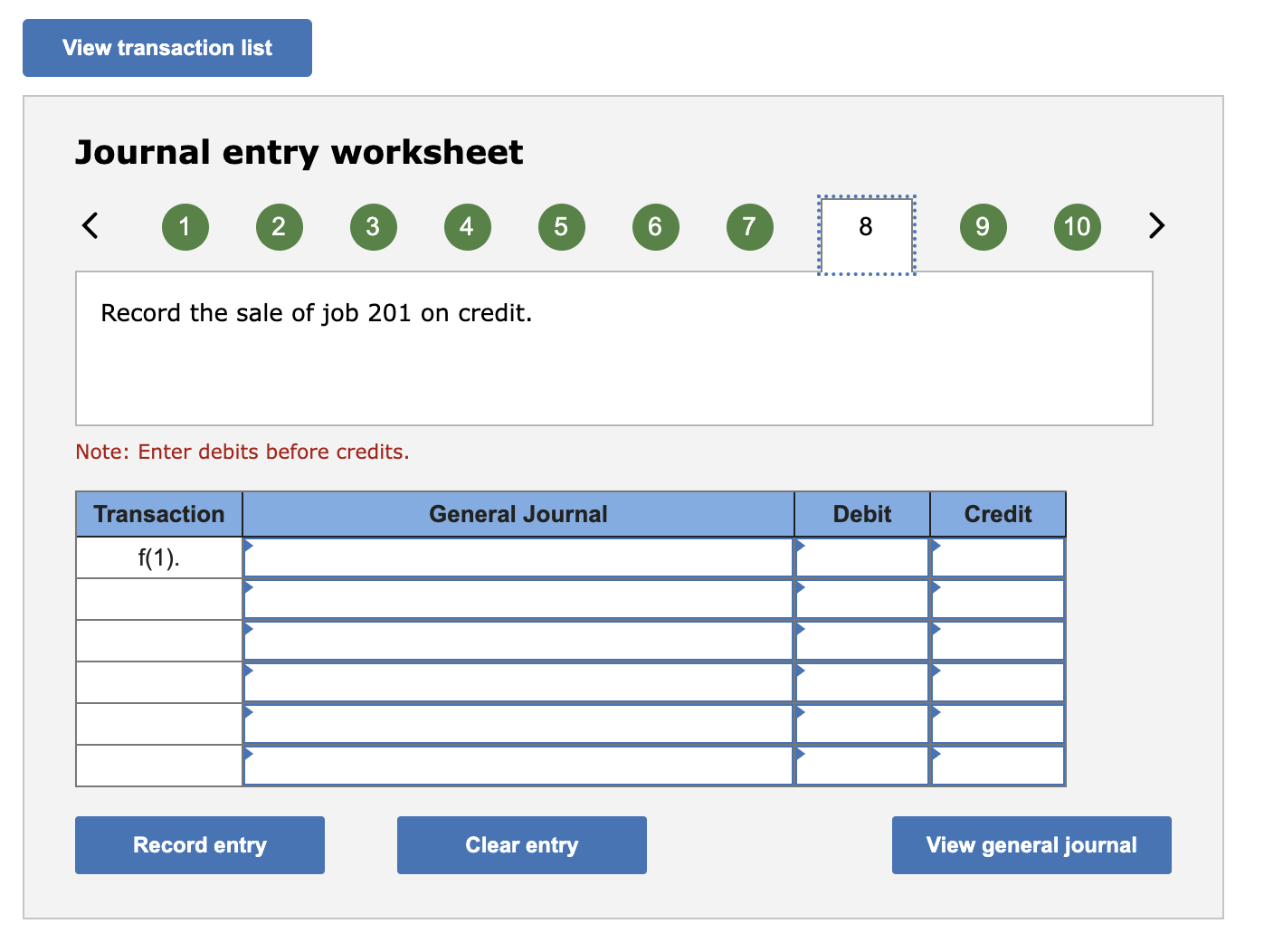of direct materials cost. e. Transferred Job 201 to Finished Goods Inventory.