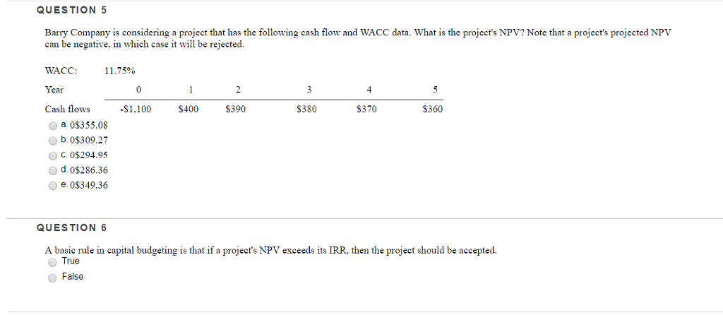  QUESTION 5 Barry Company is considering a project that has the