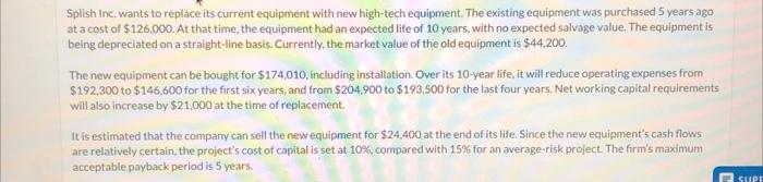  Splish Inc. wants to replace its current equipment with new high-tech