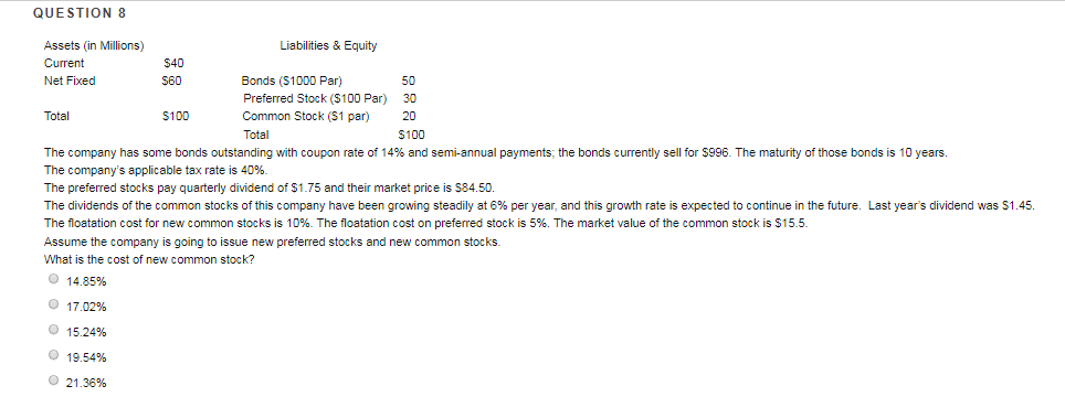  QUESTION 8 Liabilities & Equity Assets (in Millions) Current Net Fixed