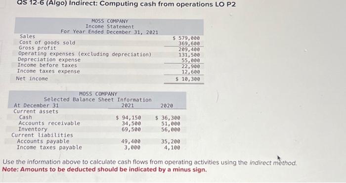  QS 12-6 (Algo) Indirect: Computing cash from operations LO P2 Use