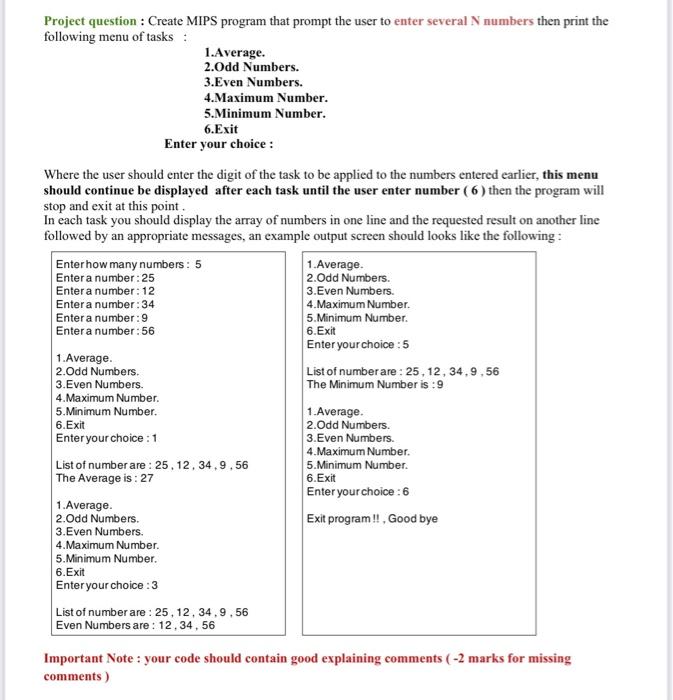 enter several N numbers then print the following menu of tasks: 1.Average.