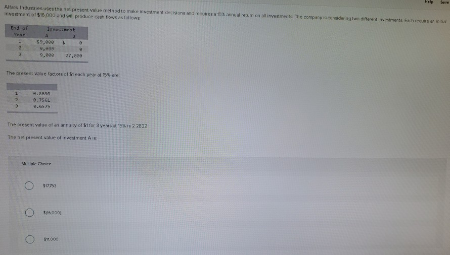  Help Save Alfarsi Industries uses the net present value method to