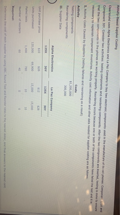  Activity-Based Supplier Costing Clearsound uses Alpha Electronics and La Paz Company