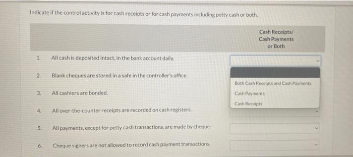  Indicate if the control activity is for cash receipts or for