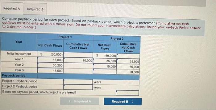 on payback period, which project is preferred? (Cumulative net cash outflows must