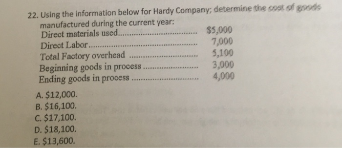  22. Using the information below for Hardy Company; determine the cost