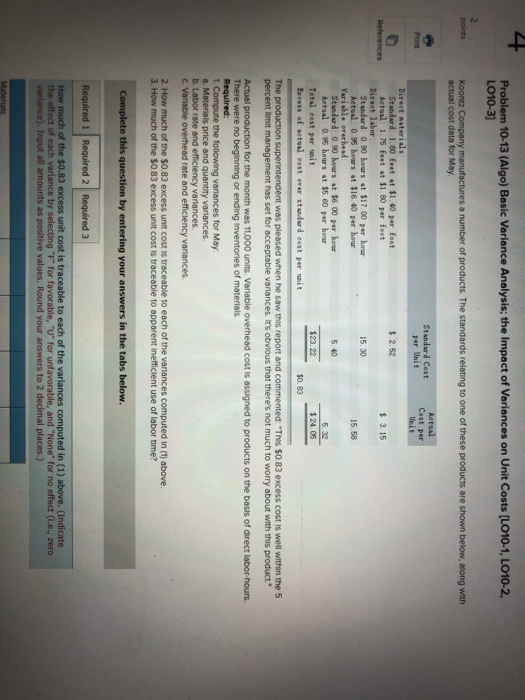  Problem 10-13 (Algo) Basic Variance Analysis; the Impact of Variances on
