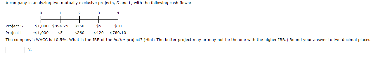 A company is analyzing two mutually exclusive projects, S and L,