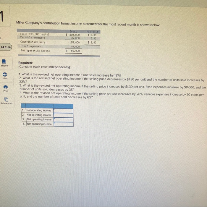  - Miller Company's contribution format income statement for the most recent