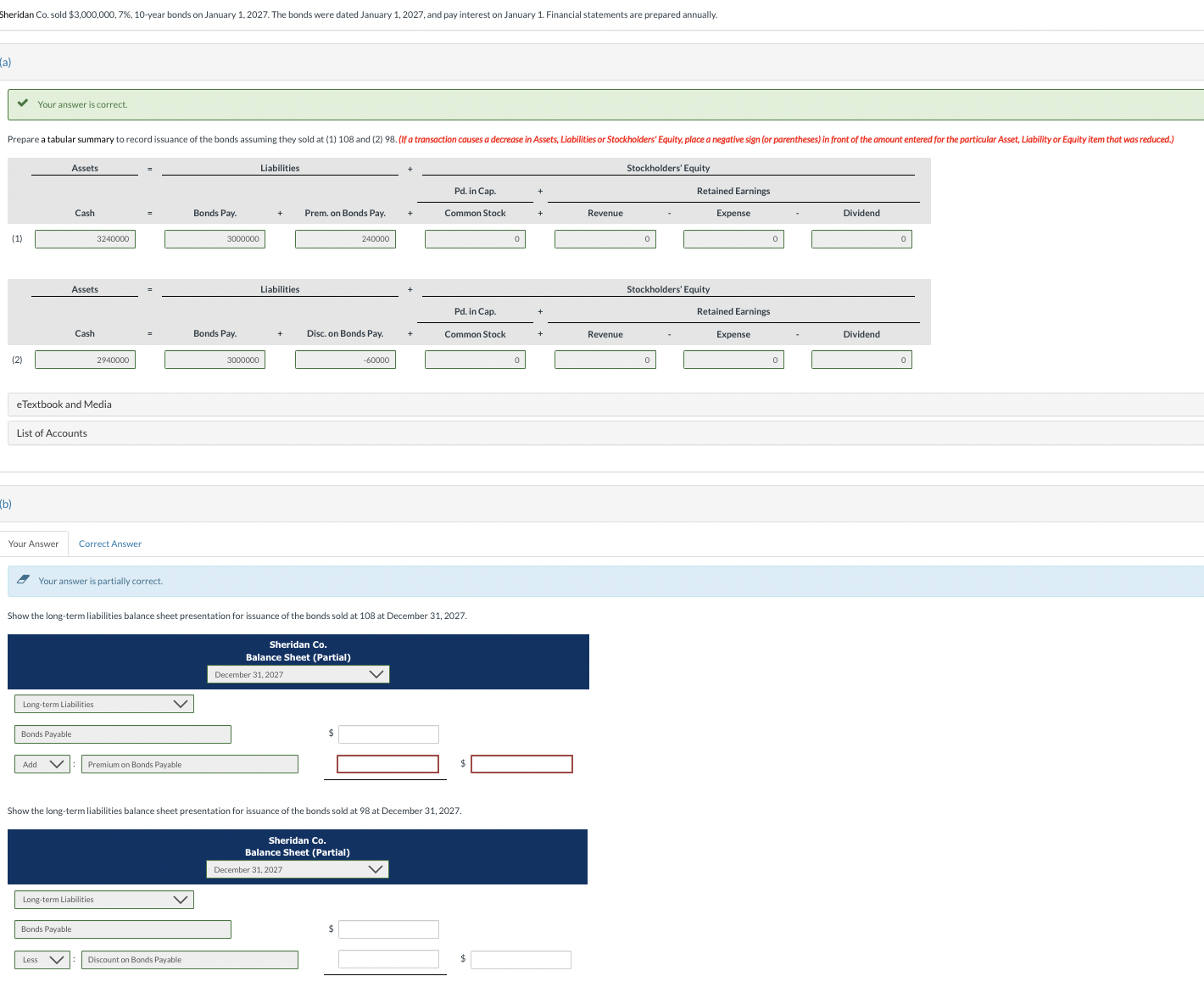  (a) Your answer is correct. eTextbook and Media List of Accounts