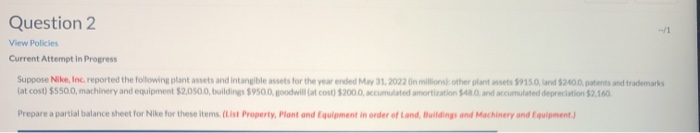  Question 2 -/1 View Policies Current Attempt in Progress Suppose Nike,