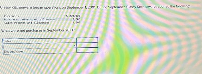  Classy Kitchenware began operations on September 1, 20X1. During September, Classy