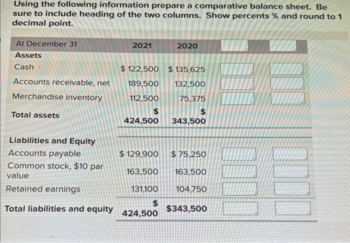  Using the following information prepare a comparative balance sheet. Be sure