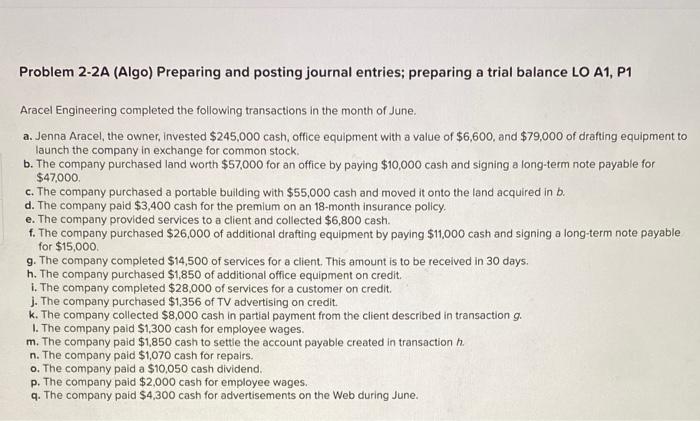 how do u do this Problem 2-2A (Algo) Preparing and posting journal