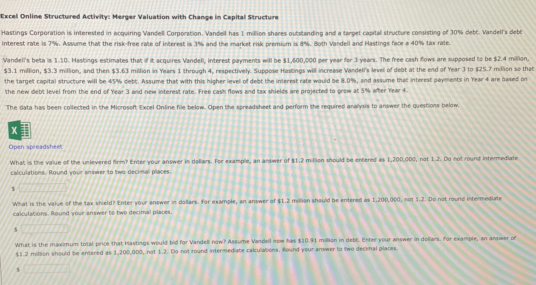  Need help asap!! Excel Online Structured Activity: Merger Valuation with Change