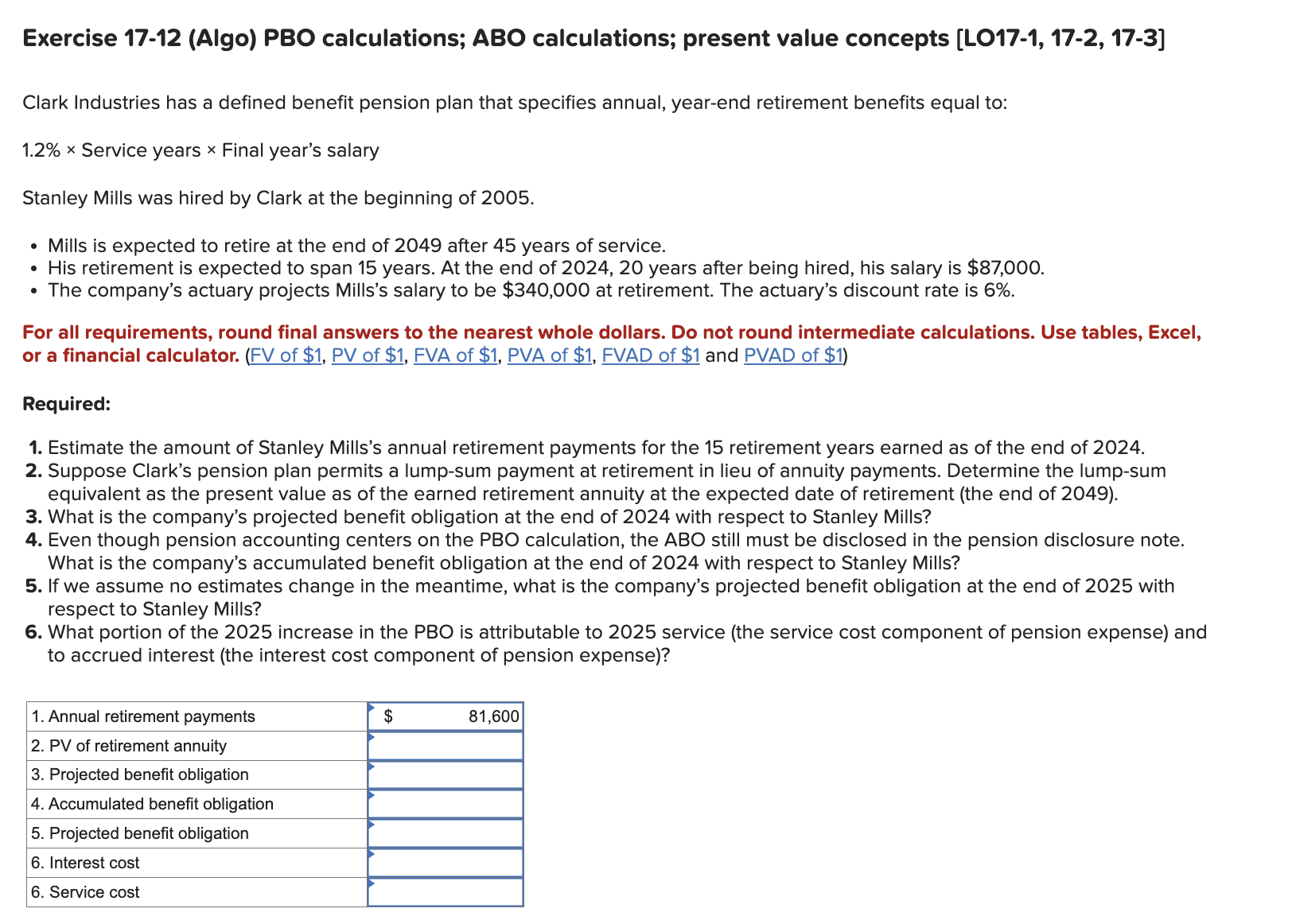  Exercise 17-12(Algo) PBO calculations; ABO calculations; present value concepts [L017-1,17-2,17-3] Clark