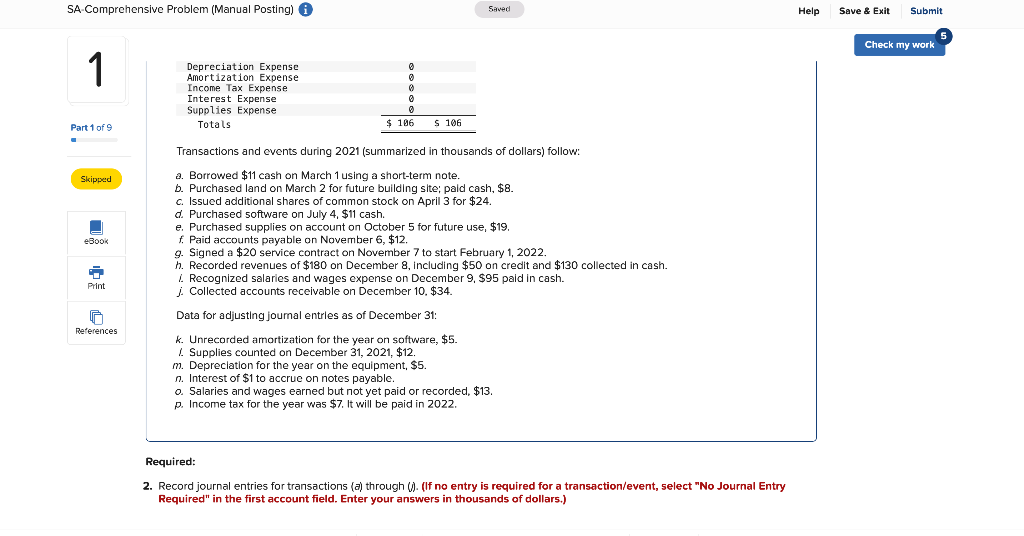  SA Comprehensive Problem (Manual Posting) Saved Help Save & Exit Submit