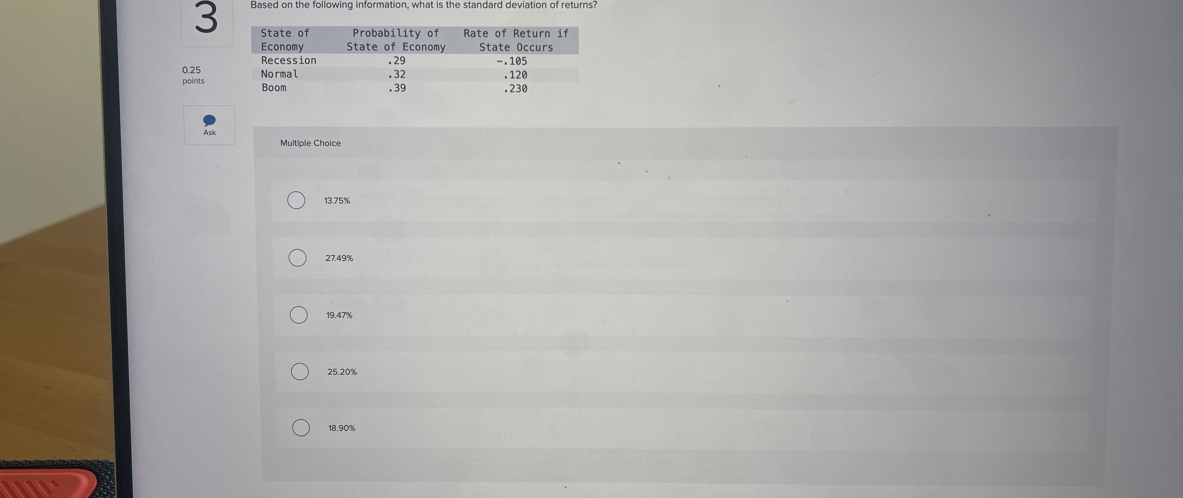 3 0.25 points Based on the following information, what is the