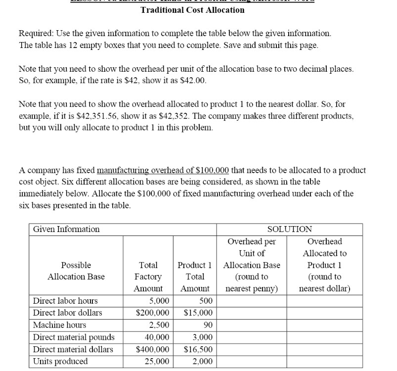 Traditional Cost Allocation: Required: Use the given information to complete the table