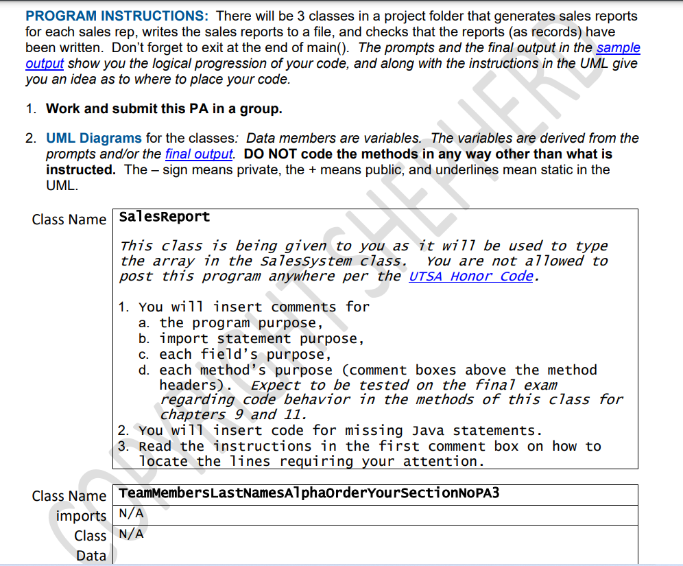  PROGRAM INSTRUCTIONS: There will be 3 classes in a project folder