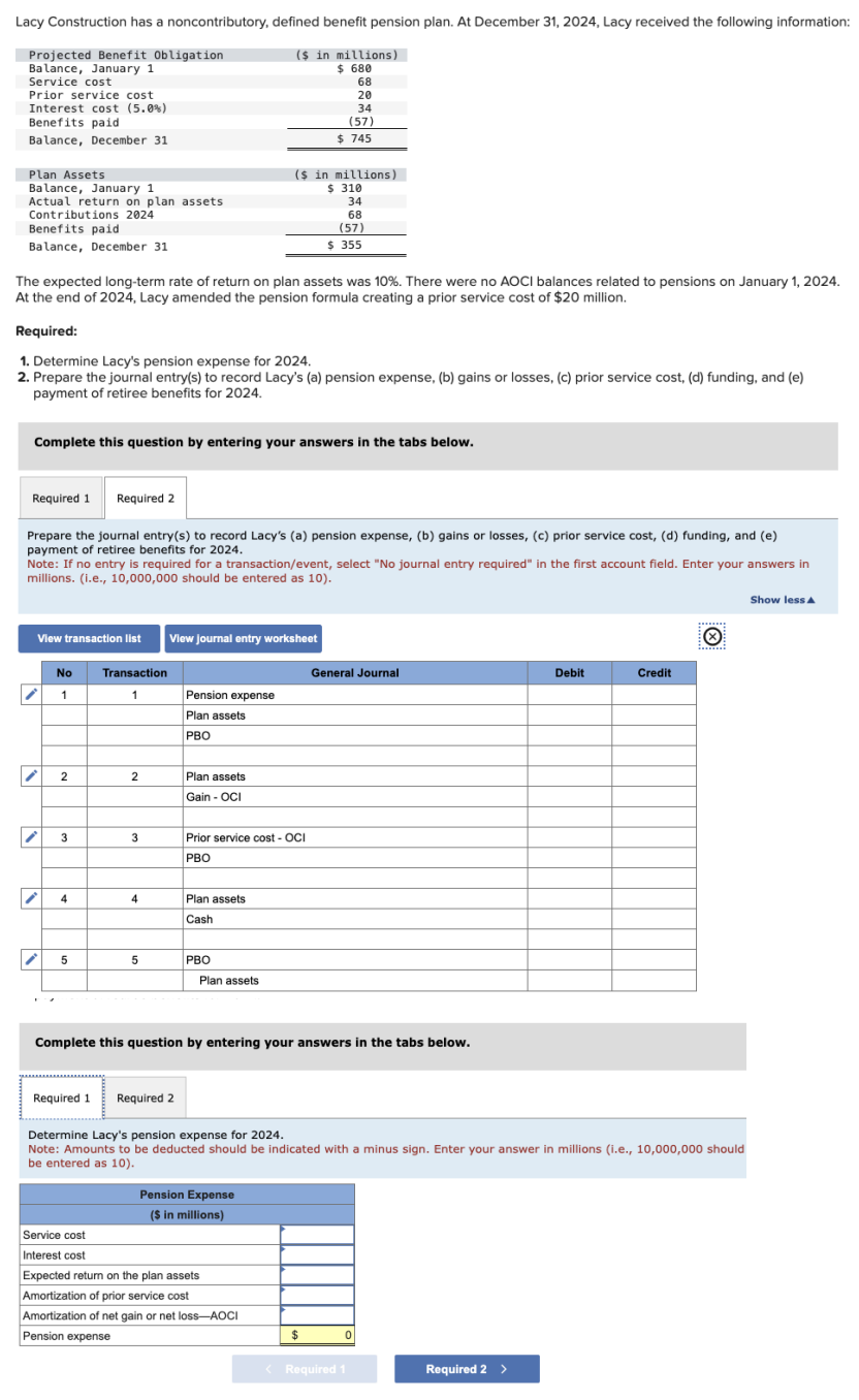  Lacy Construction has a noncontributory, defined benefit pension plan. At December