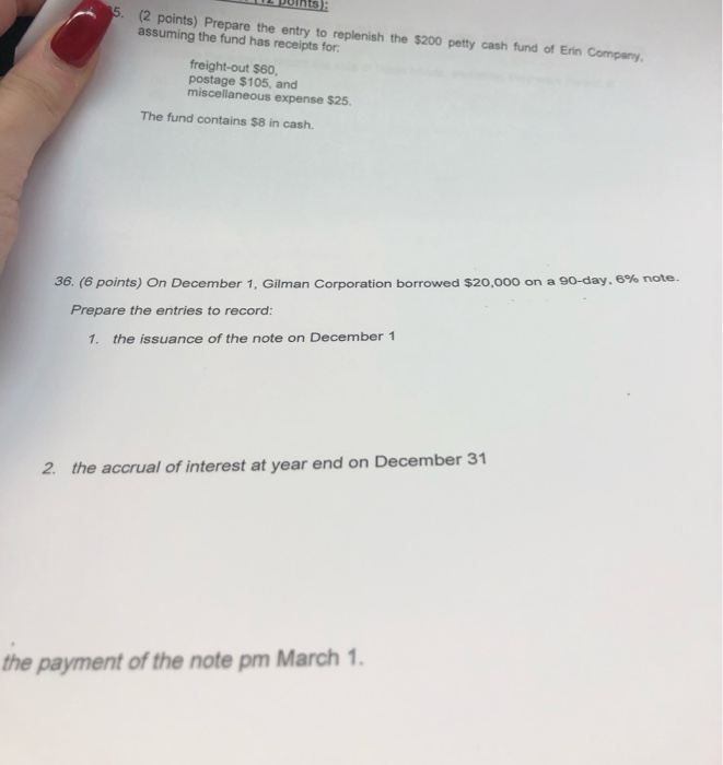  LUL points): 5 (2 points) Prepare the entry to replenish the