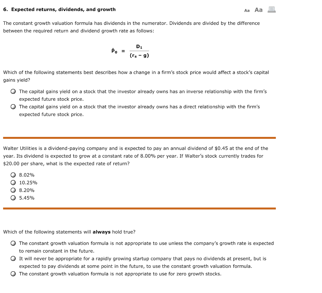  6. Expected returns, dividends, and growth Aa Aa The constant growth