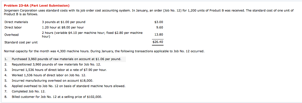Please solve this problem Problem 23-6A (Part Level Submission) Jorgensen Corporation uses