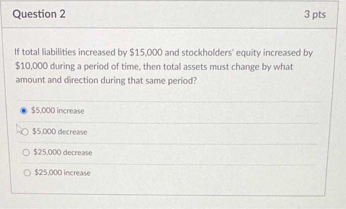 help for this question? Question 2 3 pts If total liabilities increased