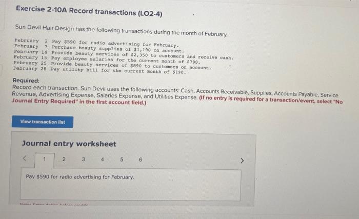  Exercise 2-10A Record transactions (L02-4) Sun Devil Hair Design has the