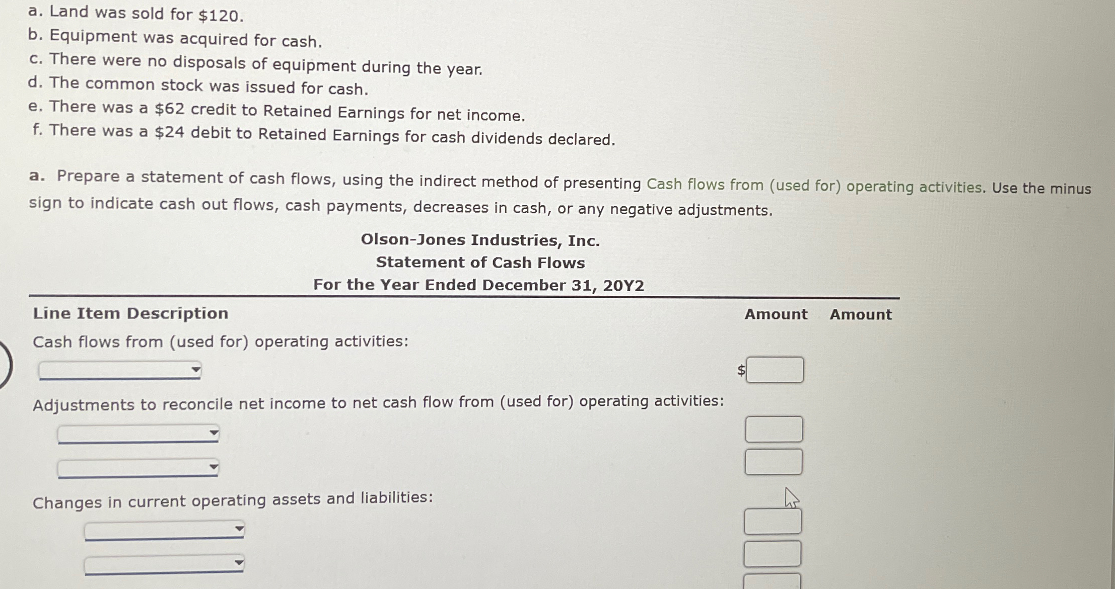  a. Land was sold for $120. b. Equipment was acquired for