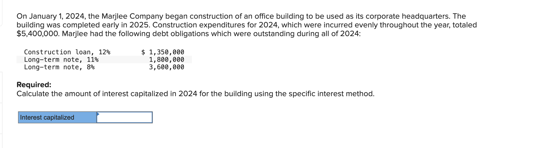  On January 1,2024, the Marjlee Company began construction of an office