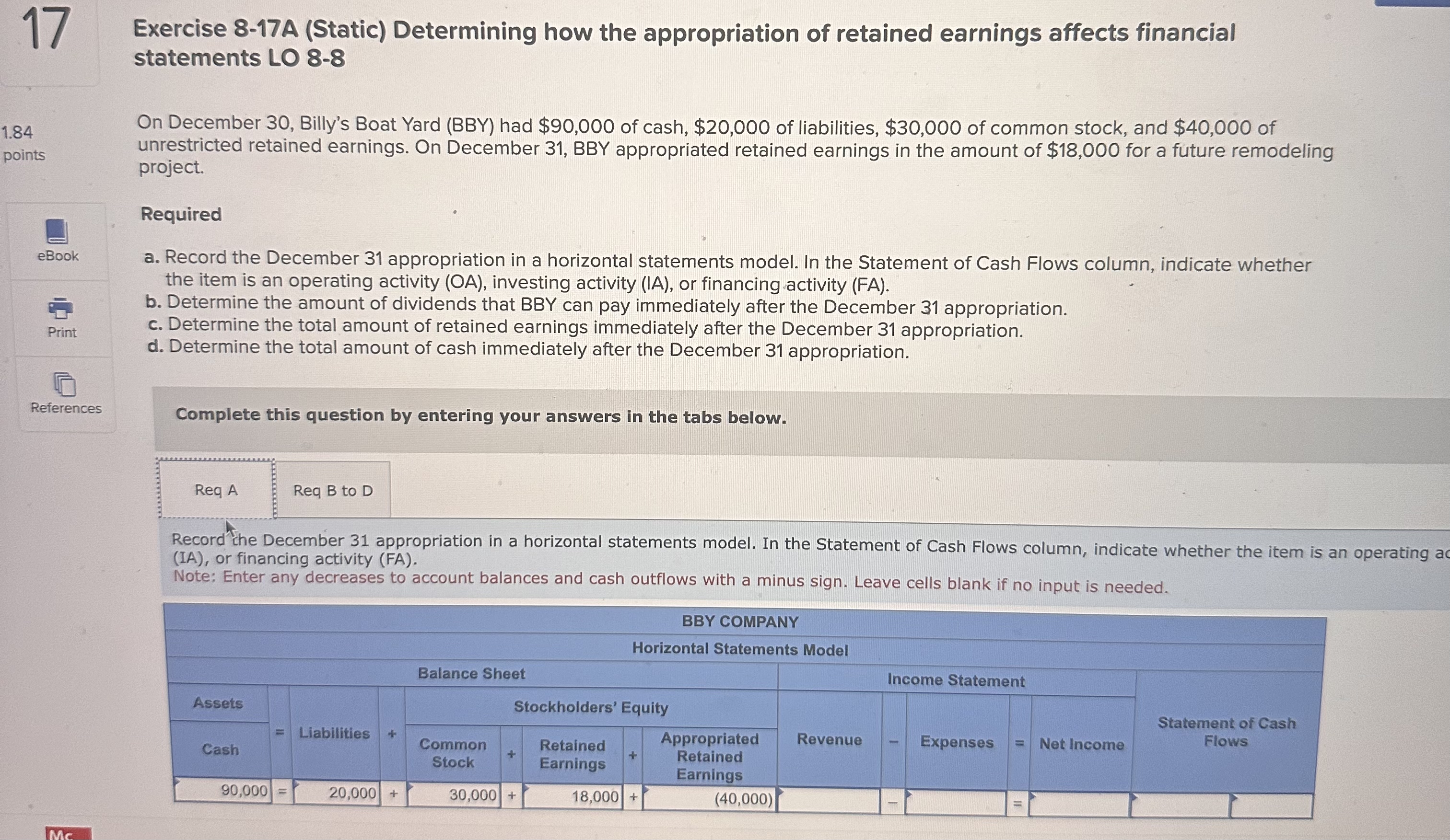  17 Exercise 8-17A (Static) Determining how the appropriation of retained earnings