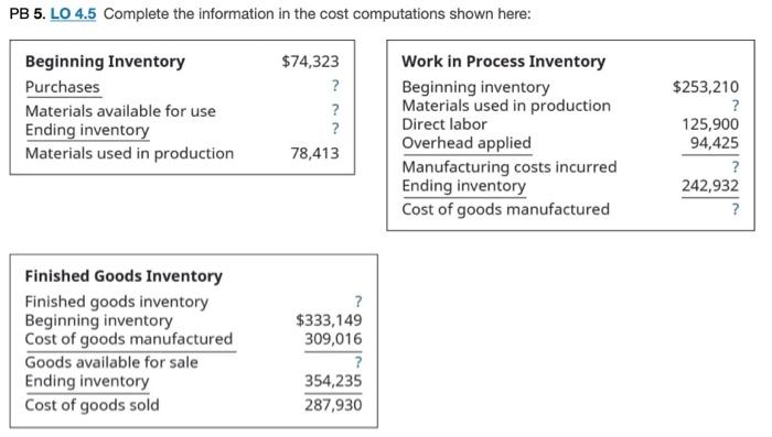 PB 5. LO 4.5 Complete the information in the cost computations shown