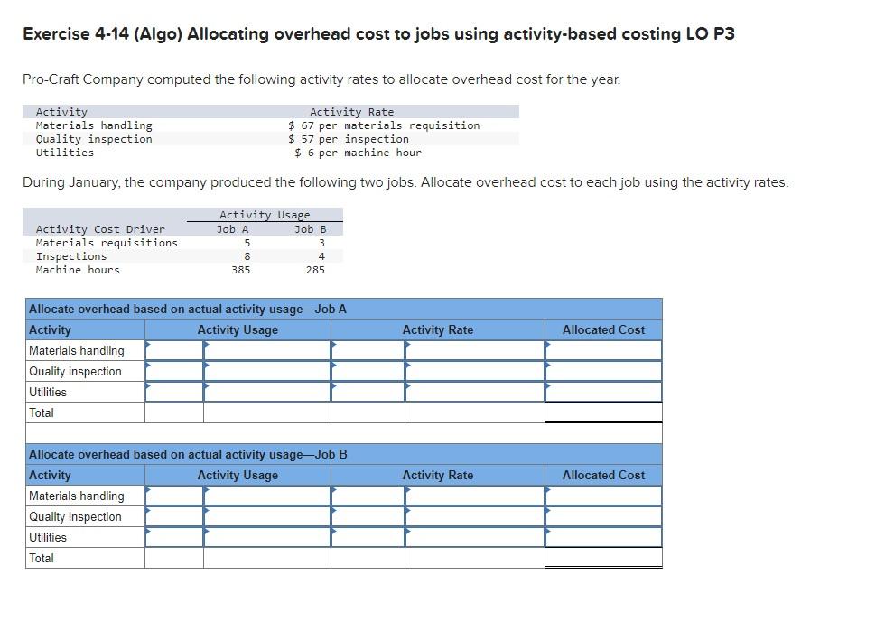  Exercise 4-14 (Algo) Allocating overhead cost to jobs using activity-based costing