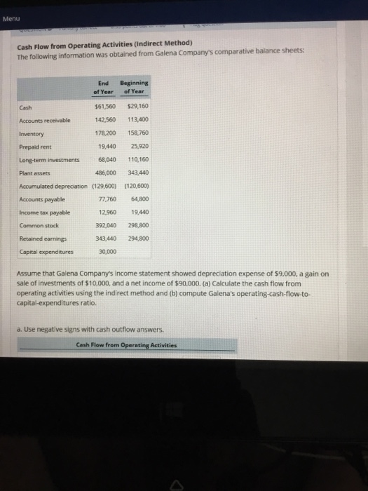  Menu Cash Flow from Operating Activities (Indirect Method) The following information